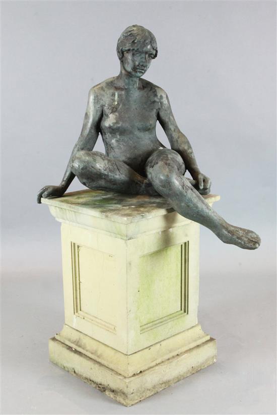 Manner of Tommy Merrifield. A bronze model of a seated nude woman, height 3ft, plinth 2ft 3in.